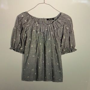 Madewell size medium, dark navy blue gingham with embroidered flowers